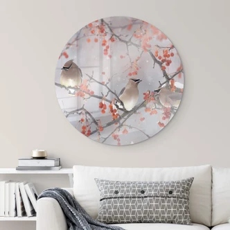 Glasbild Li - Drei Vögel in einer Winterlandschaft - Rund 