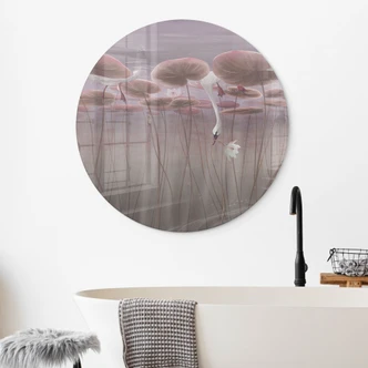 Glasschilderijen Lotusbloemen met zwaan in water in donkerroze - Ms Tiff - Rond 