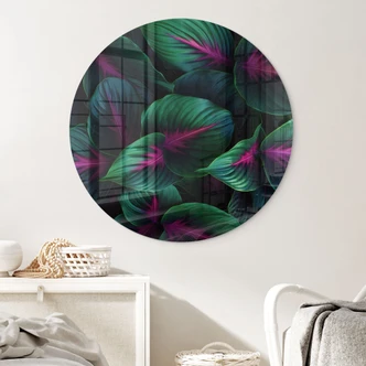 Glasbild Farbenfrohe Dschungelpflanzen - Paksoylu - Rund 