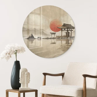 Glasbild Japanischer Tempel im Sonnenaufgang - Roze - Rund 