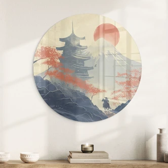 Glasbild Sonnenaufgang über der Pagode - Roze - Rund 