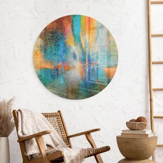 Tableau en verre Lumière urbaine en bleu et orange - Schmucker - Rond 