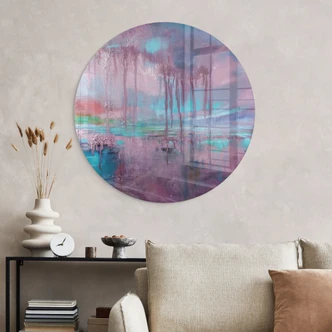 Glasbild Violetter Regen über blauem Dunst - Schmucker - Rund Glasbild Violetter Regen über blauem Dunst - Schmucker - Rund