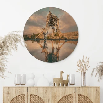 Holzbild Reflexion einer Giraffe in der Wildnis - Amtmann - Rund 