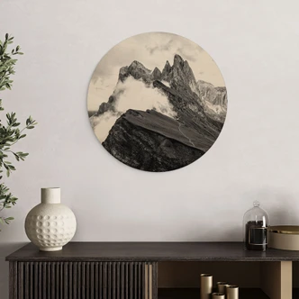 Tableau sur bois rond Vue sur les Alpes - Paysage de montagne des Dolomites 