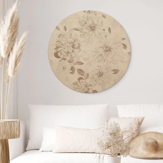 Trätavla Dahlior Shabby Chic Beige - Blomstersmycke - Dekor - Rund 