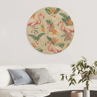 Trätavla flamingo och tropiska blad - Blomstersmycke - Dekor - Rund 