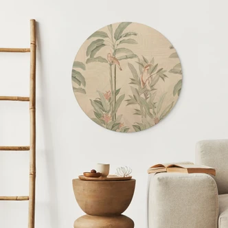 Trätavla Tropisk skog med kakaduor - Blomstersmycke Dekor - Rund 