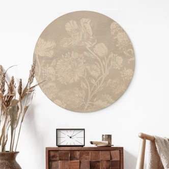 Trätavla vildblommor i kritlook beige - Blomstersmycke - Dekor - Rund 