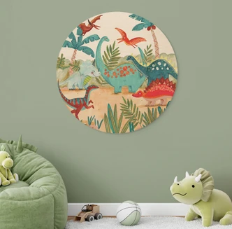 Holzbild Farbenfrohe Dinosaurier im Urzeitwald - Bonne Müller - Rund Holzbild Farbenfrohe Dinosaurier im Urzeitwald - Bonne Müller - Rund