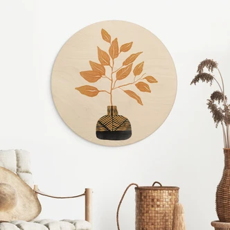 Tableau sur bois Branche dorée avec feuilles - Cats & Dotz - Rond 