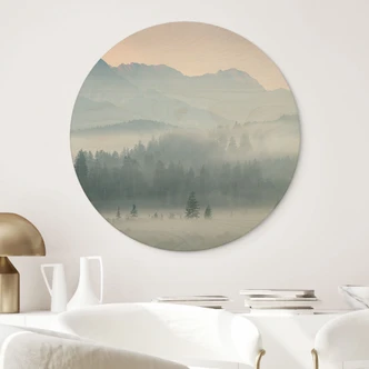 Tableau sur bois Paysage forestier brumeux en automne - Eisenmann - Rond 