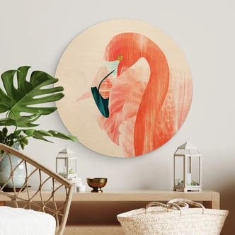 Tableau sur bois rond Goed Blauw - Pink Flamingo 