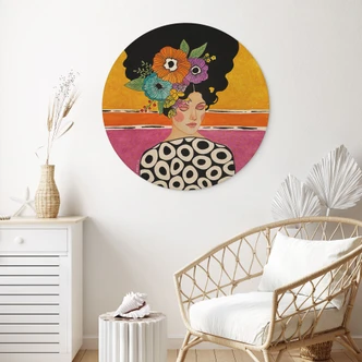 Tableau sur bois Femme à la couronne de fleurs multicolores - Hülya - Rond 
