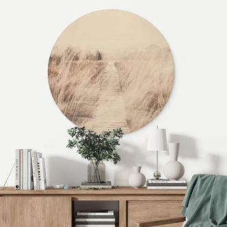 Holzbild Verträumte Landschaft mit Holzsteg - Imaginative - Rund 