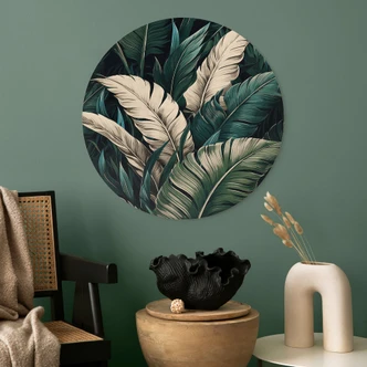 Tableau sur bois rond Feuilles de palmier colorées - Jaszke 