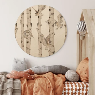 Tableau en bois Hiboux dans la forêt de bouleaux - Kikki Belle - Rond 