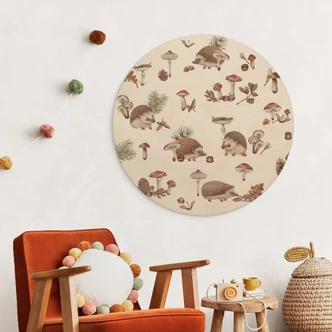 Tableau sur bois Doux hérissons dans la forêt d'automne - Kikki Belle - Rond 