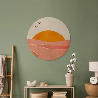 Væg cirkel træ Solopgang i landskabet rundt - Kubistika 