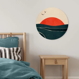 Væg cirkel træ Kubistika - Sunset and Birds 
