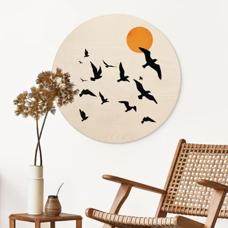 Holzbild Zugvögel auf dem Weg in den Süden - Kubistika - Rund Holzbild Zugvögel auf dem Weg in den Süden - Kubistika - Rund