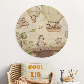 Obraz drewniany Lot balonem przyjaciół zwierząt - Kvilis - Okrągły 
