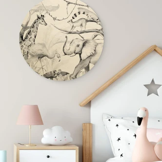 Obraz drewniany Kvilis - Przyjaciele zwierząt w dżungli - czarno-biały - okrągły 