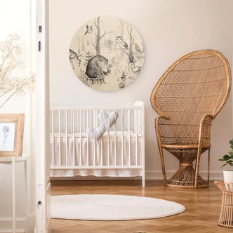 Obraz drewniany Kvilis - Przyjaciele zwierząt w lesie czarno-biały - Okrągły 