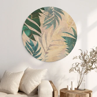 Tableau sur bois Feuilles de palmier exotiques en or-vert - Manovski - Rond 