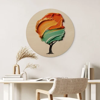 Houten Wanddecoratie met oranje en groene 3D kroon - Mielu - Rond Houten Wanddecoratie met oranje en groene 3D kroon - Mielu - Rond