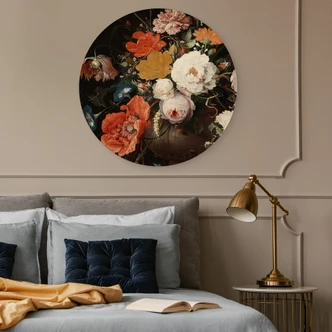 Holzbild Mignon - Stillleben mit Blumen und einer Uhr - Rund 