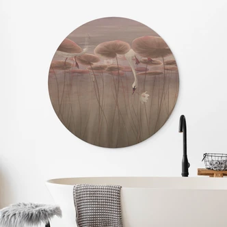 Holzbild Lotusblumen mit Schwan im Wasser in Altrosa - Ms Tiff - Rund 