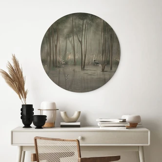 Cuadro de madera bosque nuboso en el lago con garza en verde - Ms Tiff - Round 