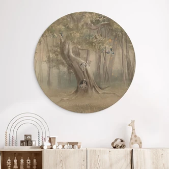 Houten Wanddecoratie schattige bosdieren tussen bomen - Ms Tiff - Rond Houten Wanddecoratie schattige bosdieren tussen bomen - Ms Tiff - Rond