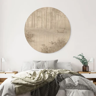 Houten Wanddecoratie bos bij het meer in beige mist - Ms Tiff - Rond 