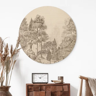 Houten Wanddecoratie bos met boslandschap in beige - Ms Tiff - Rond 