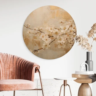 Holzbild Blütenzweig auf Vintage-Gold - Paksoylu - Rund Holzbild Blütenzweig auf Vintage-Gold - Paksoylu - Rund