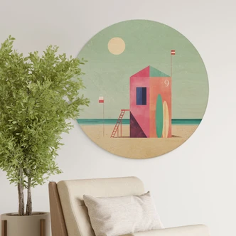 Wandcirkel Hout Reddingsboothuis op het strand - Rivers 