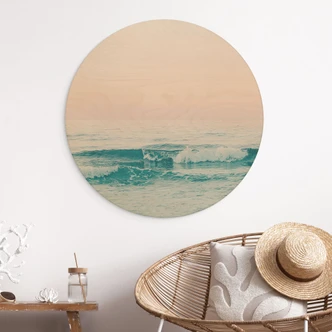 Wandcirkel Hout Blauwe zee ontmoet roze lucht in Griekenland - Sisi & Seb 