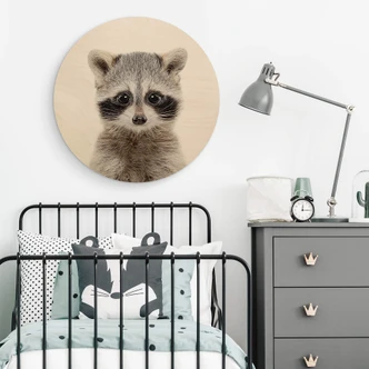 Tableau sur bois Sisi & Seb - Bébé raton laveur - Rond 