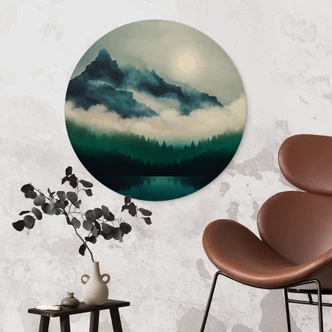 Holzbild Neblige Landschaft in der Nacht - SpaceFrog Designs - Rund 