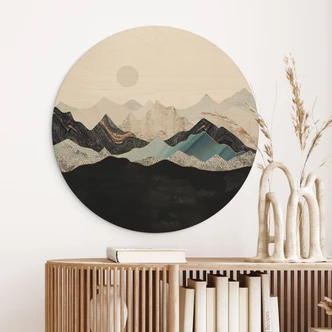 Holzbild Ruhige Berglandschaft in der Dämmerung - SpaceFrog Designs - Rund 