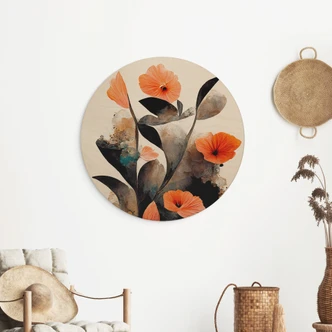 Tableau sur bois rond Coquelicots rouge corail - Treechild 