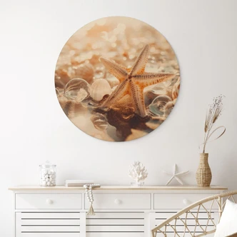Tableau sur bois Coquillages sur une plage ensoleillée - Treechild - Rond 