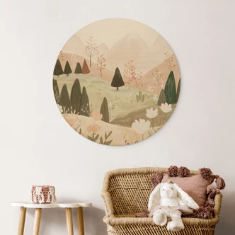 Tableau sur bois Pastel Paysage de montagne avec fleurs - Treechild - Rond Tableau sur bois Pastel Paysage de montagne avec fleurs - Treechild - Rond