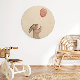 Tableau sur bois Lapin mignon avec ballon - Treechild - Rond Tableau sur bois Lapin mignon avec ballon - Treechild - Rond