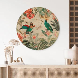 Wandcirkel Hout Exotische jungle met papegaaien - UN Designs 