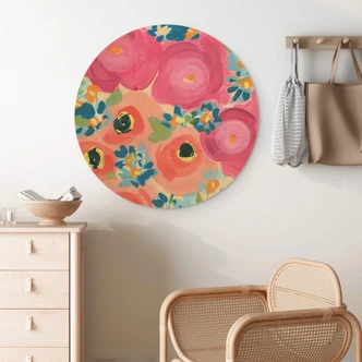 Holzbild Zwara - Illustrierte Rosen und Korallenanemonen - Rund 