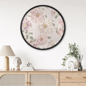 Poster Dahlior Shabby Chic Rosa - Blomstersmycke - Rund 