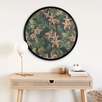 Poster Dschungel mit Papageien Nachtgrün - Bloomery Decor - Rund 